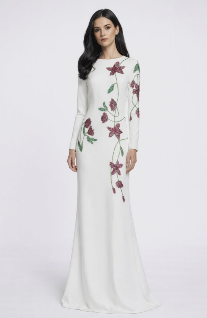 long sleeve column maxi dress with floral embroidery – BLOSSOM