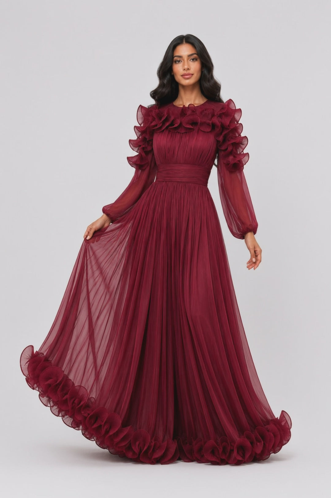 Ruffled Pleated Chiffon Maxi Dress - Midnight