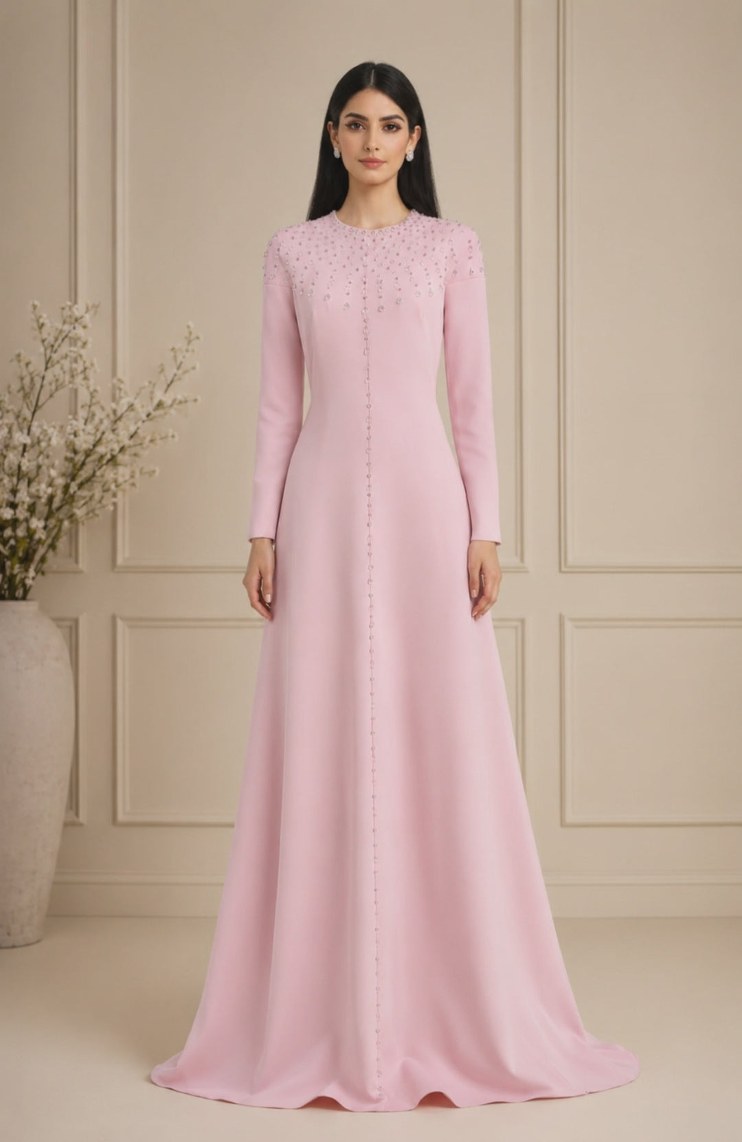 long sleeve embellished a-line gown with front detailing – BLUSH