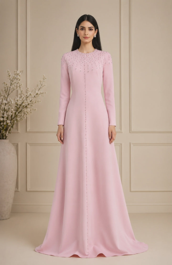 long sleeve embellished a-line gown with front detailing – BLUSH