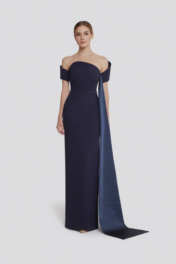 off-shoulder column gown with satin drape – ICON