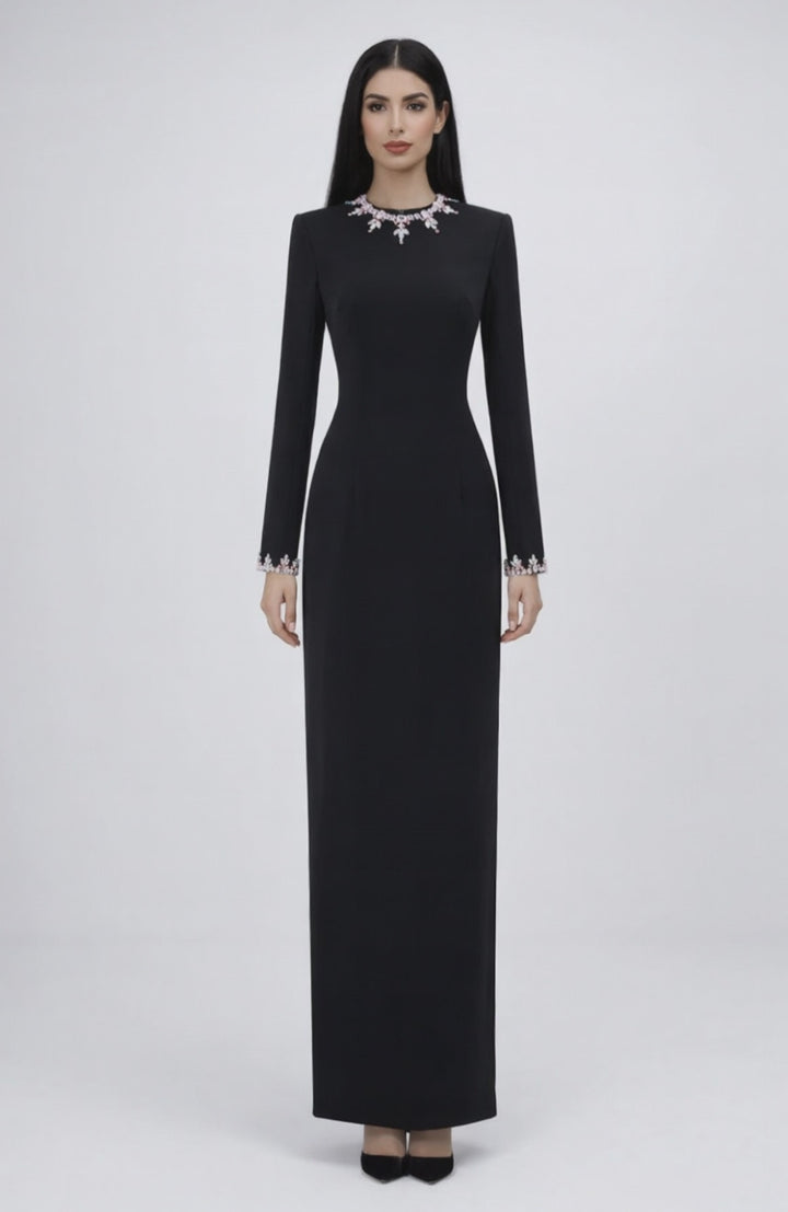 long sleeve column maxi dress with crystal neckline detail – NOIRÉ