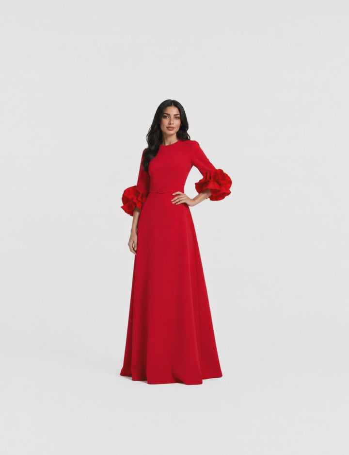 belted maxi dress with organza ruffle cuffs – NAVELLA