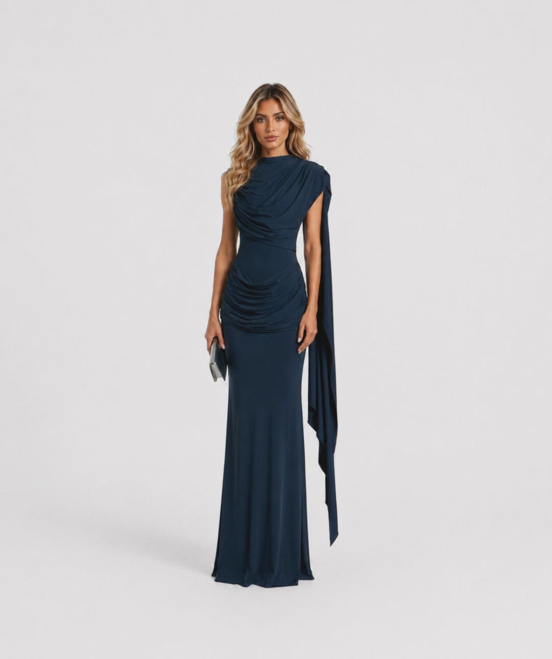 Midnight Blue Draped Cape Evening Gown - Valentina