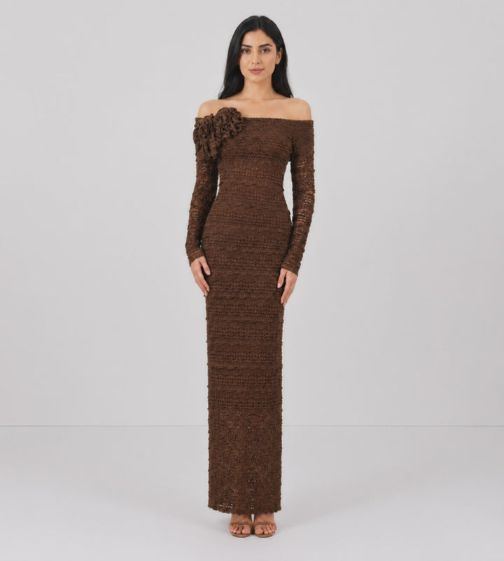 Rosette Lace Off-Shoulder Maxi Dress — Mocha