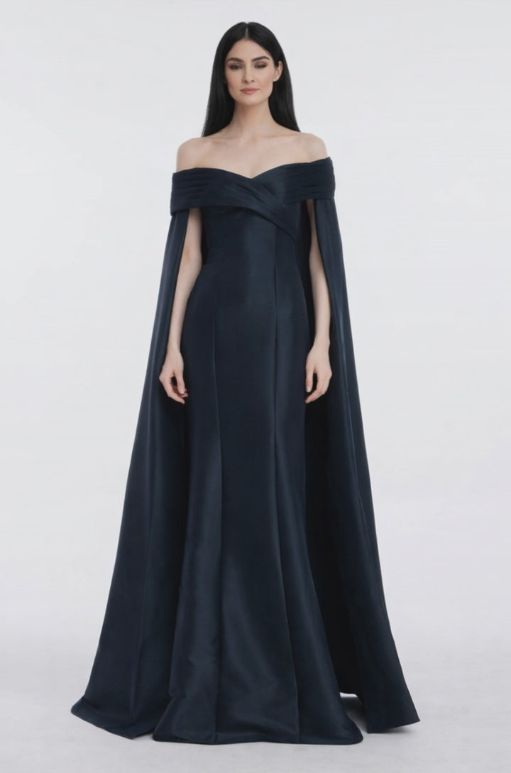 off-shoulder column dress with maxi cape – NOIR