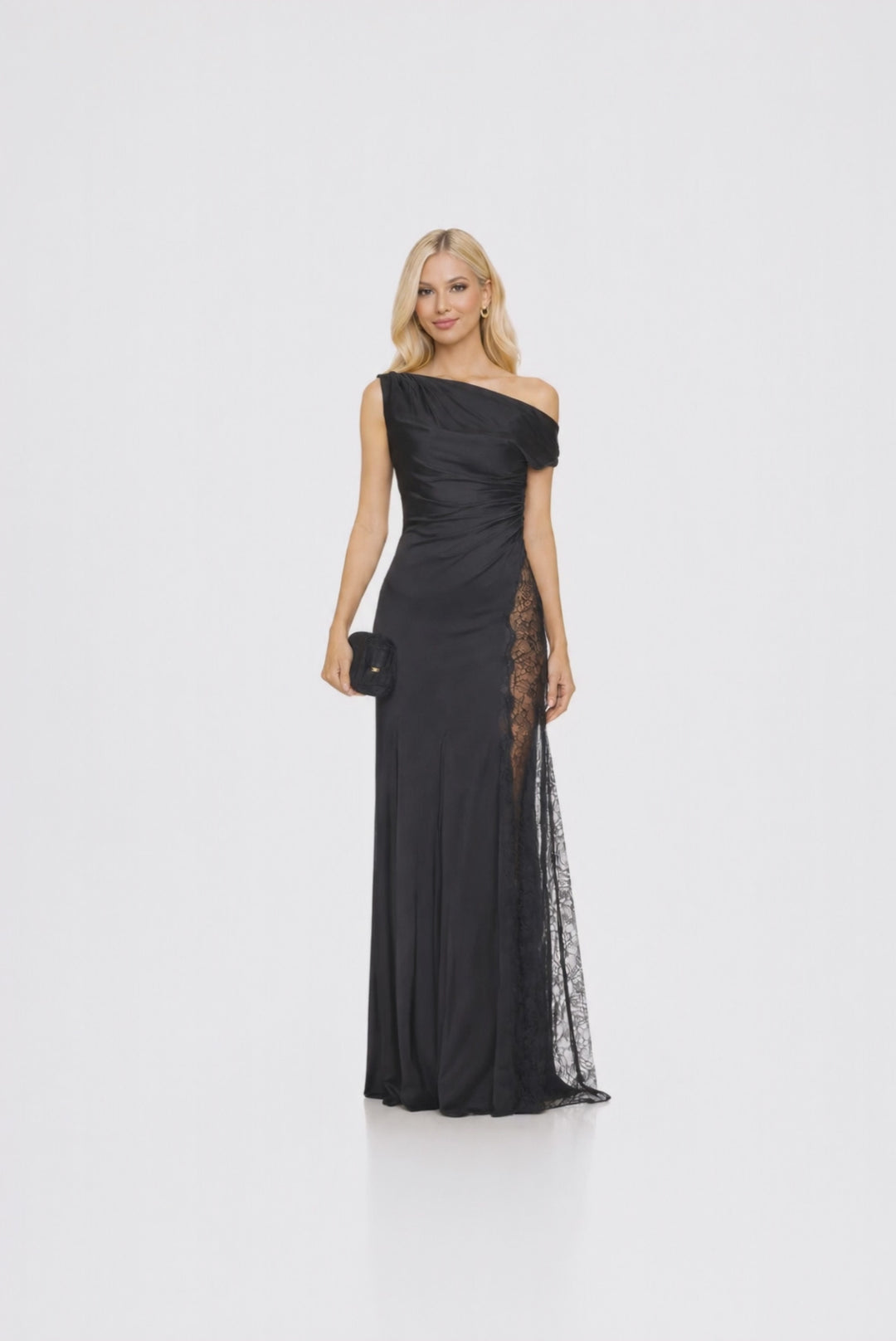 one-shoulder ruched gown with lace side panel – ALLURE