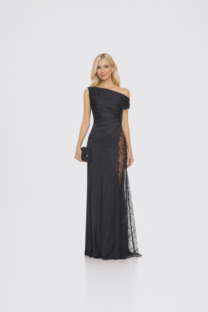 one-shoulder ruched gown with lace side panel – ALLURE