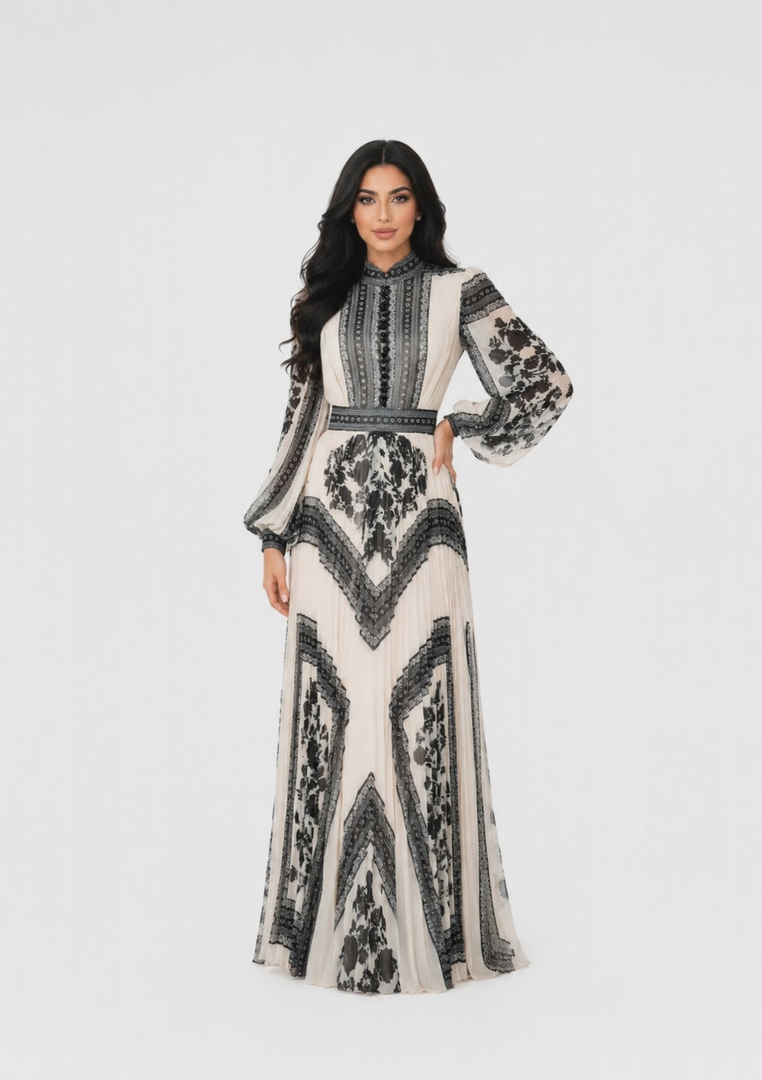 printed pleated gown with high neck and bishop sleeves – ISOLDE