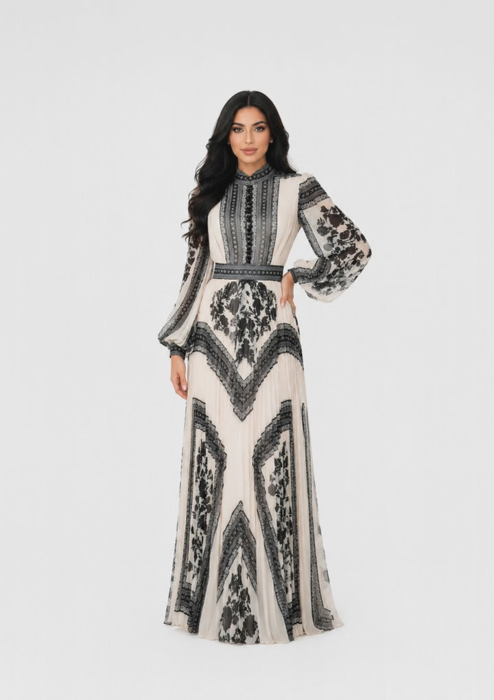 printed pleated gown with high neck and bishop sleeves – ISOLDE