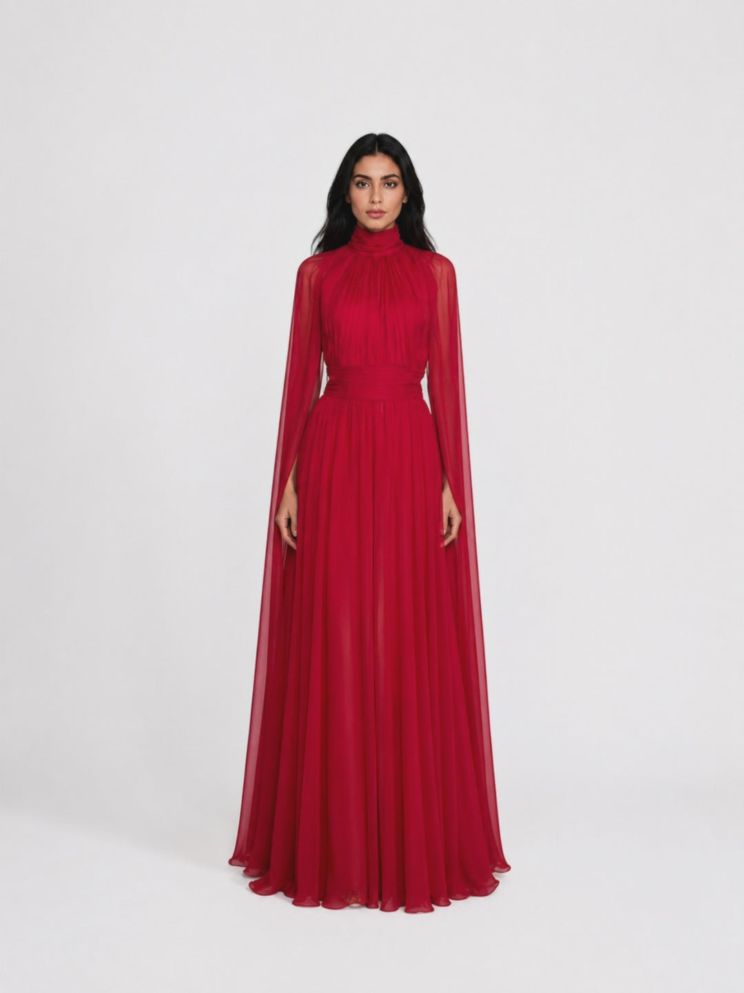Red High-Neck Pleated Chiffon Maxi Dress – ÉLÉVRA