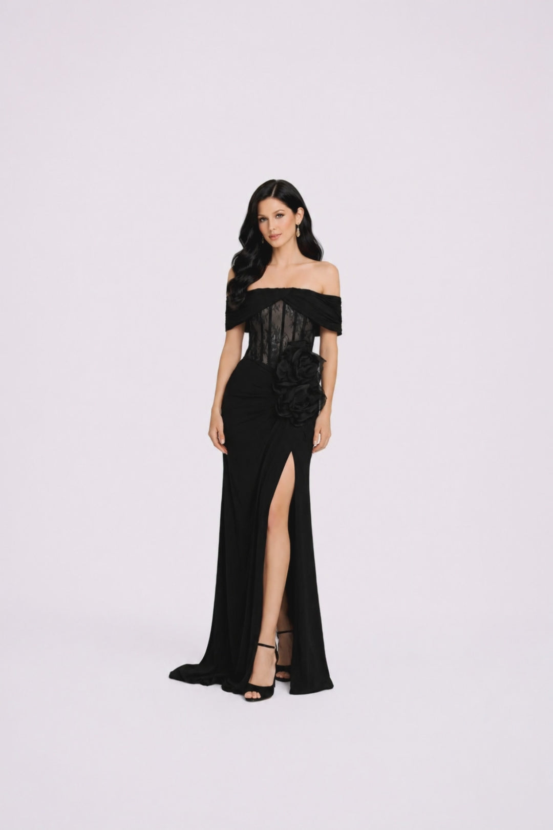 off-shoulder corset gown with sheer lace bodice and floral detail – NOISE