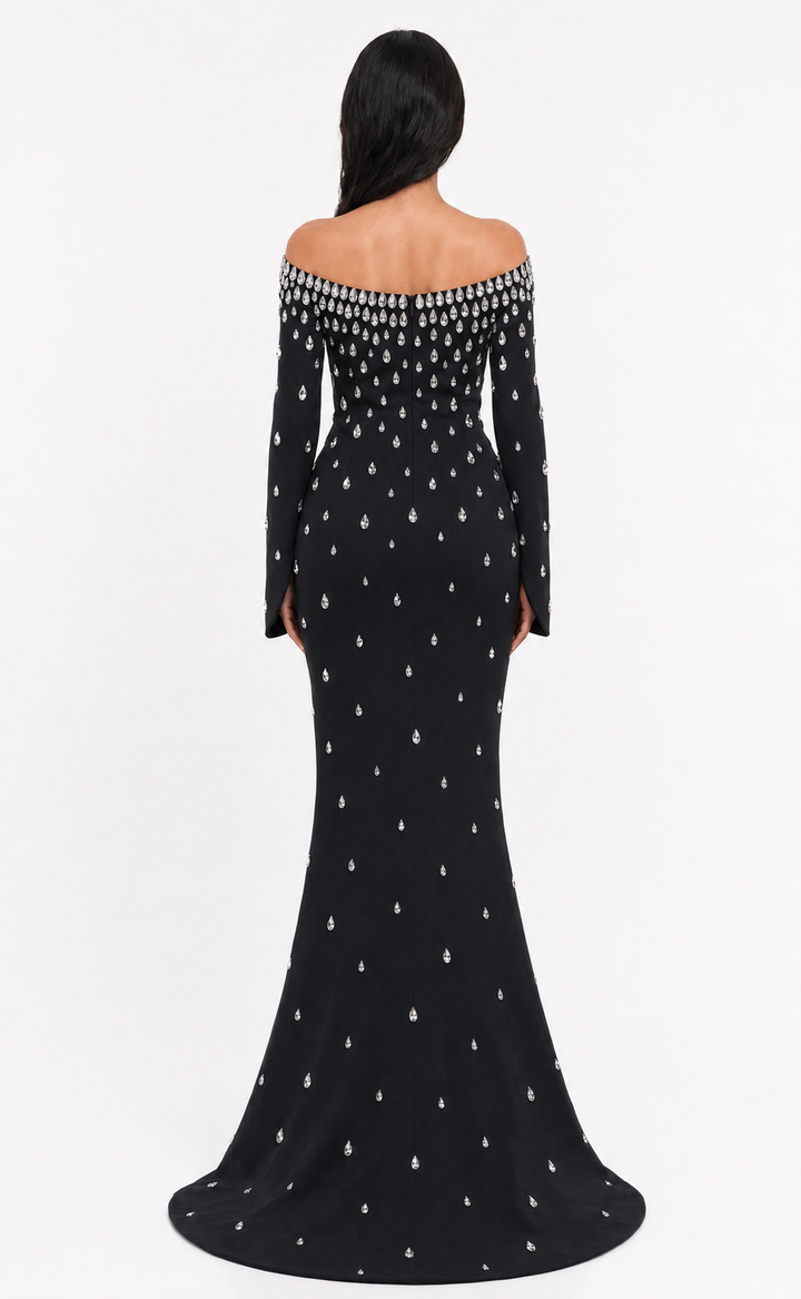 Crystal Embellished Off-Shoulder Mermaid Maxi Dress - Diamond