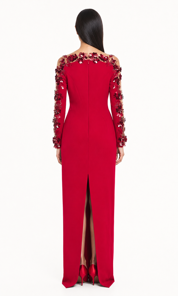Floral Embellished Illusion Sleeve Maxi Dress - Ruby