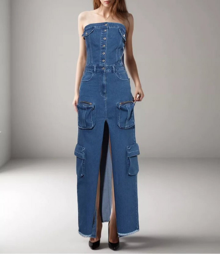 Haut à manches évasées plissées et ensemble jupe longue avec ceinture à la taille – Rosiny 