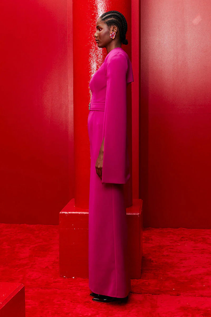 asymmetric one-shoulder gown with cape sleeves – FUCHSIAE