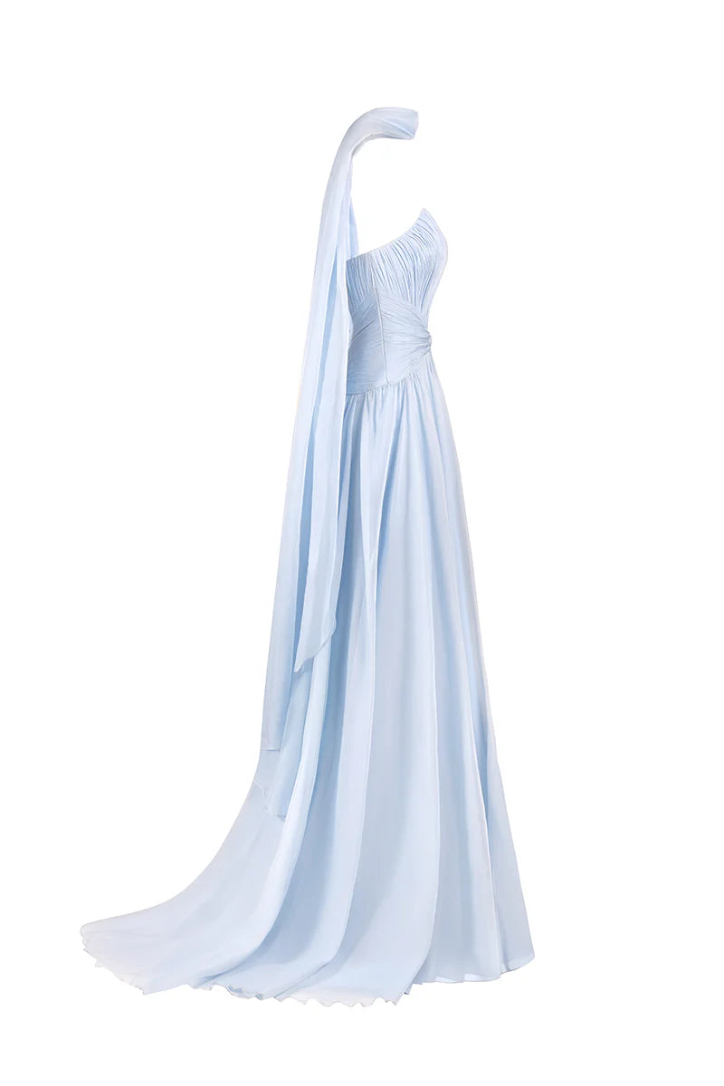 strapless pleated chiffon gown with scarf detail – SKYE