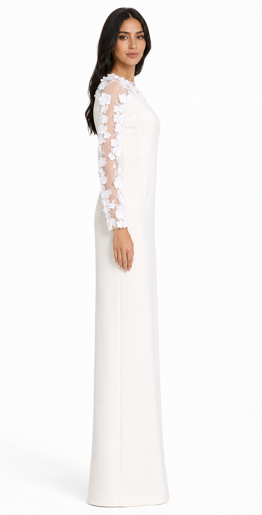 Floral Embellished Illusion Sleeve Maxi Dress - Ruby