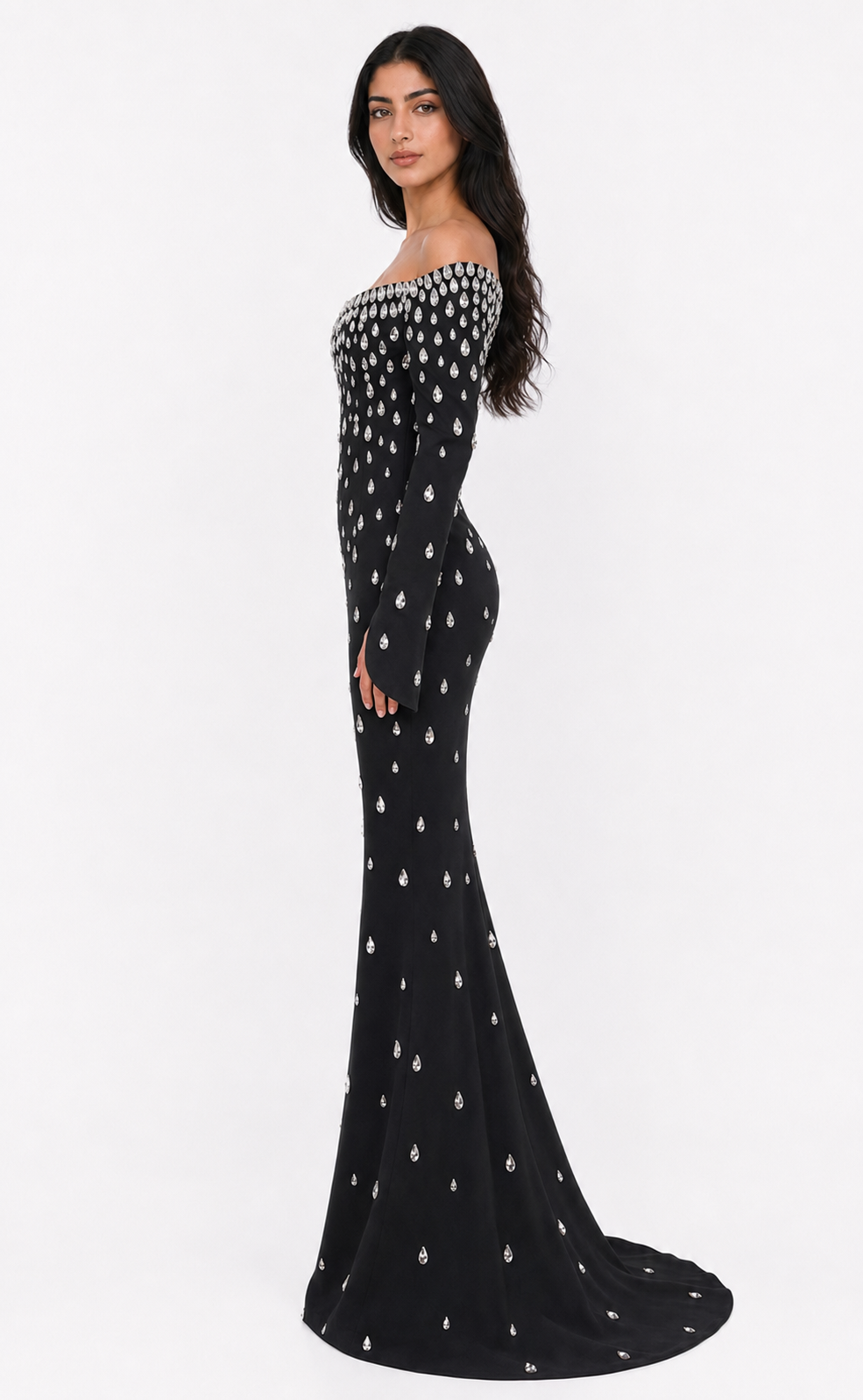 Crystal Embellished Off-Shoulder Mermaid Maxi Dress - Diamond