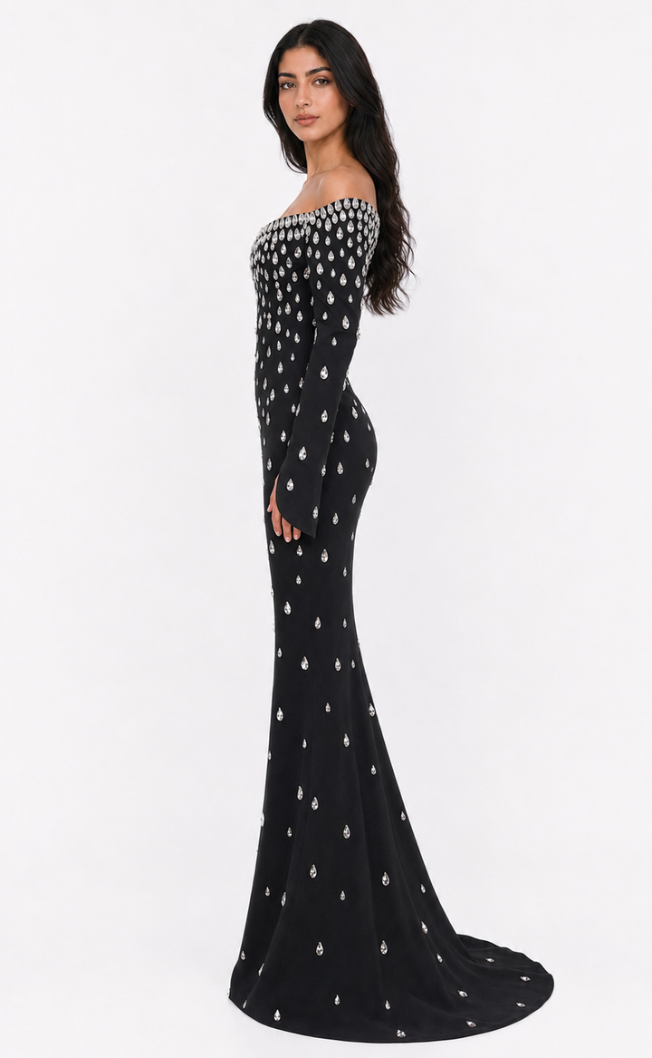 Crystal Embellished Off-Shoulder Mermaid Maxi Dress - Diamond