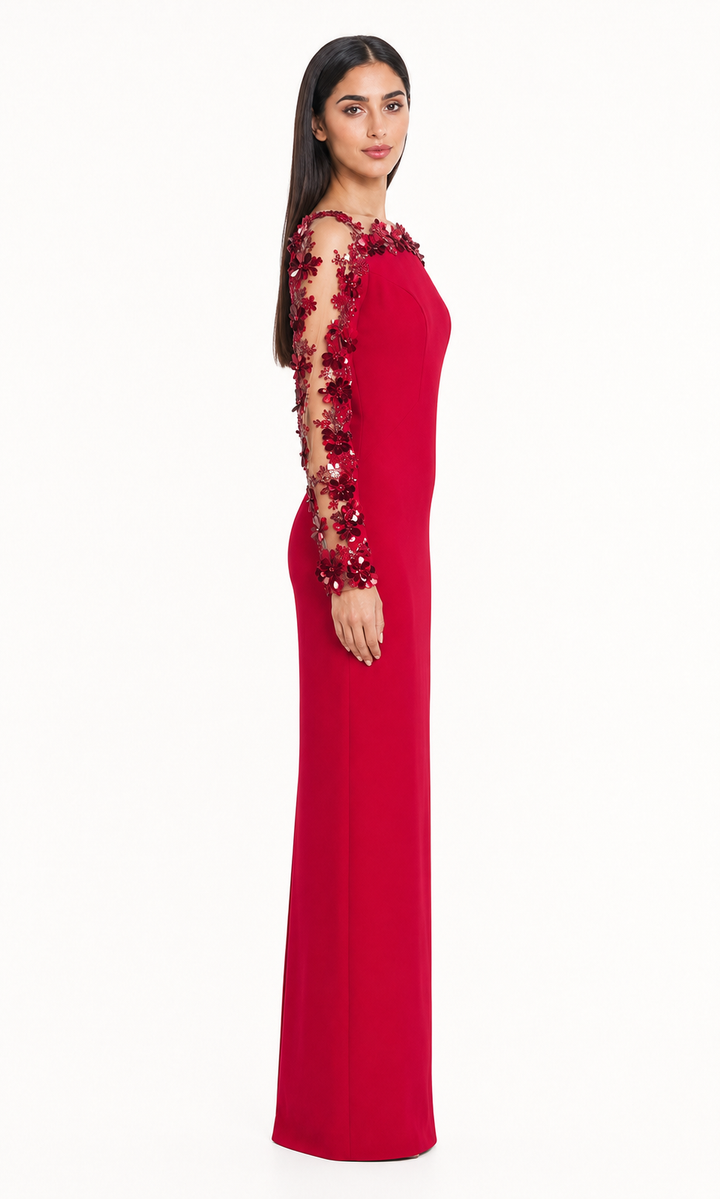 Floral Embellished Illusion Sleeve Maxi Dress - Ruby