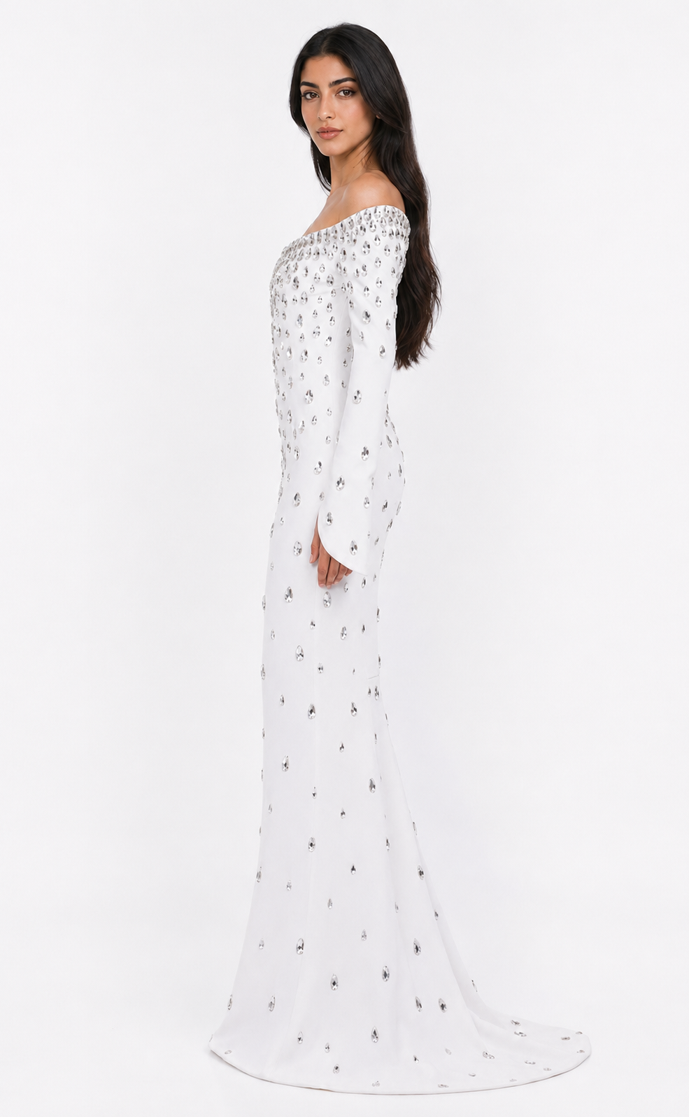 Crystal Embellished Off-Shoulder Mermaid Maxi Dress - Diamond