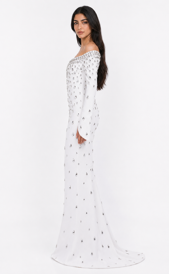 Crystal Embellished Off-Shoulder Mermaid Maxi Dress - Diamond