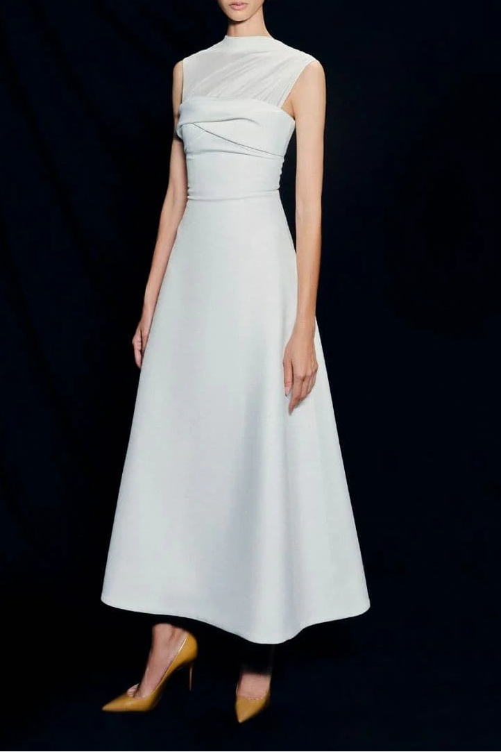 elegant midi dress with sheer pleated neckline – IVORY