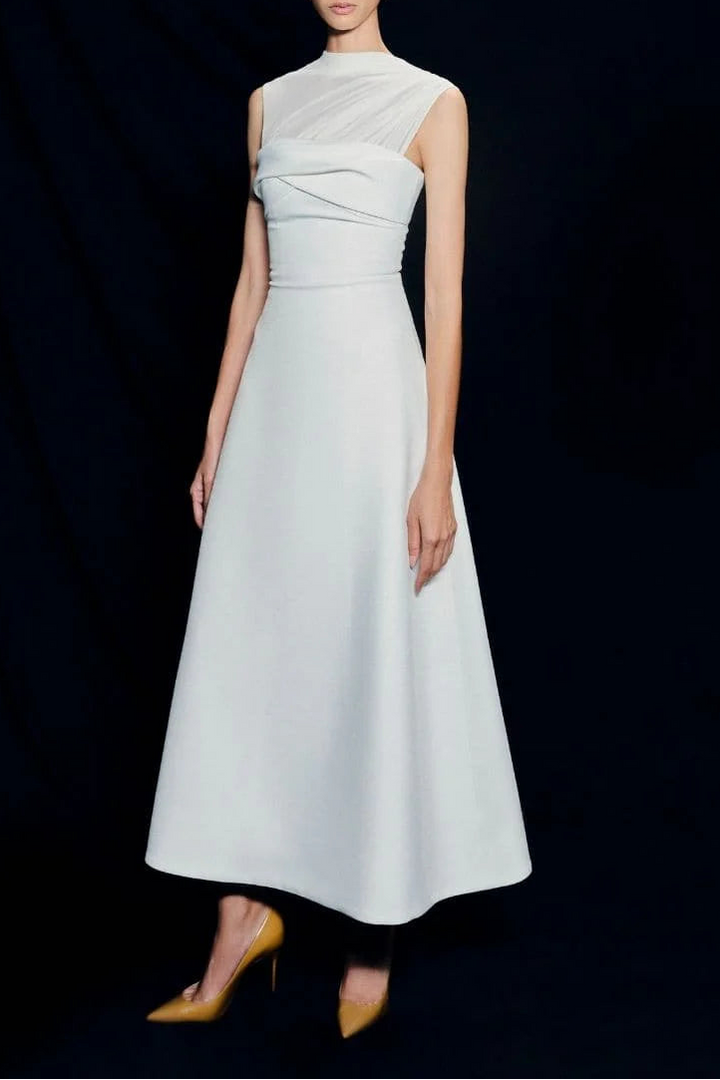 elegant midi dress with sheer pleated neckline – IVORY