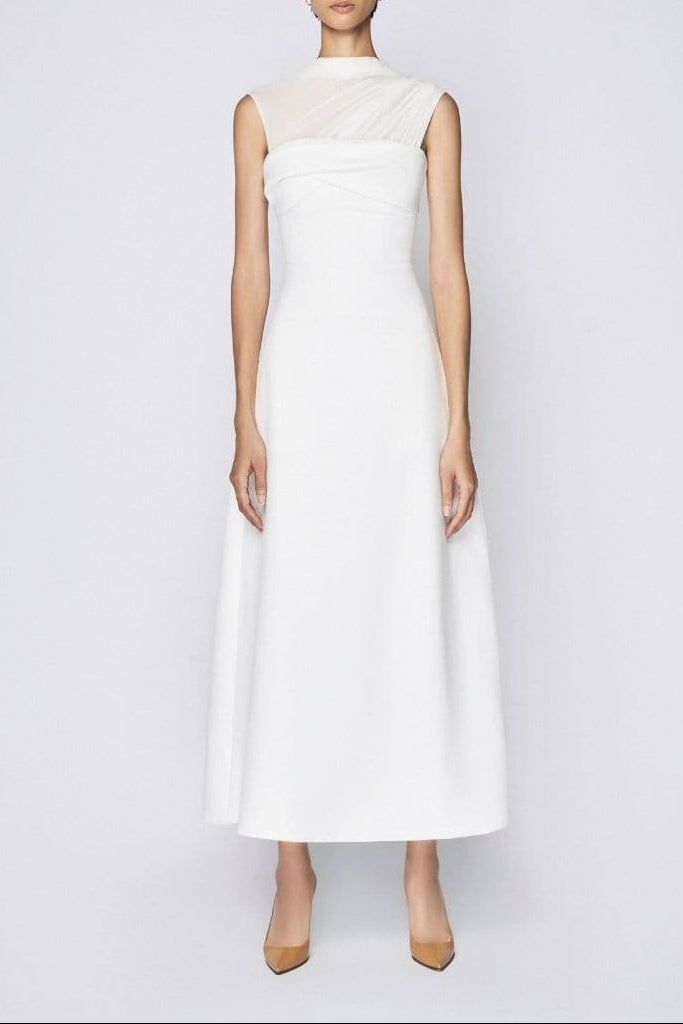 elegant midi dress with sheer pleated neckline – IVORY