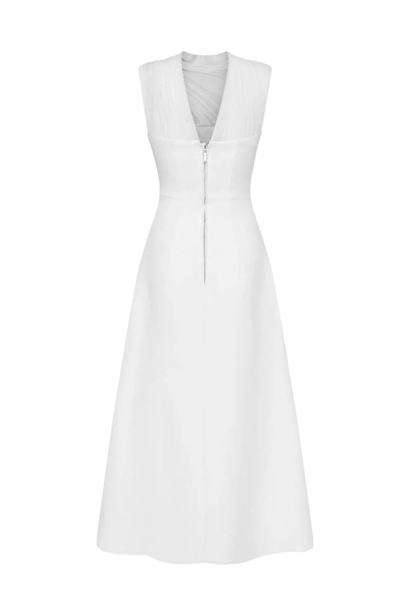 elegant midi dress with sheer pleated neckline – IVORY