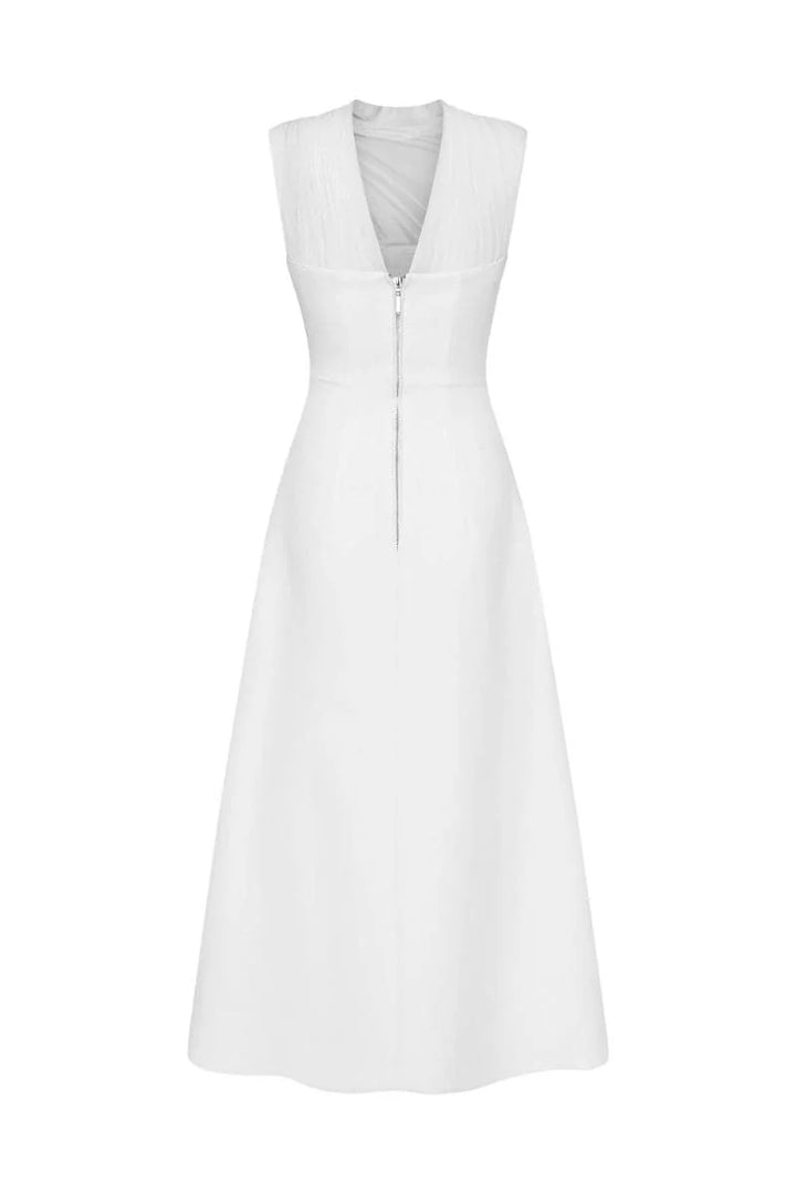 elegant midi dress with sheer pleated neckline – IVORY