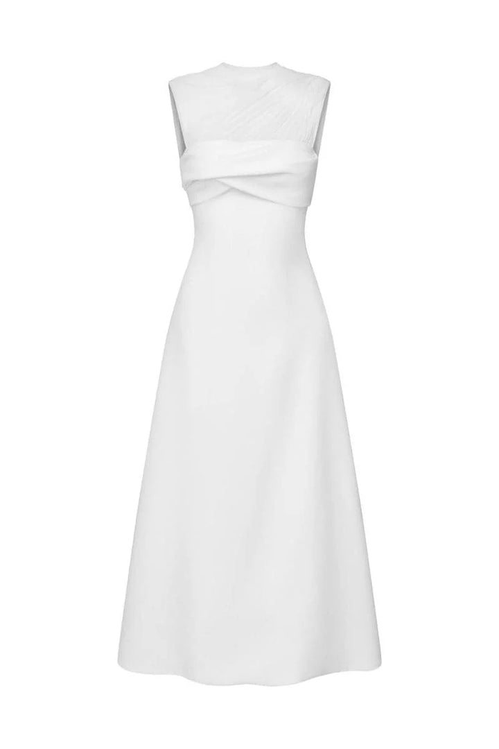 elegant midi dress with sheer pleated neckline – IVORY