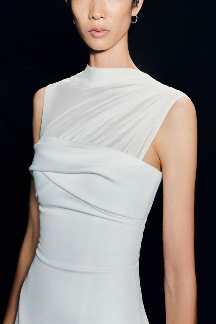 elegant midi dress with sheer pleated neckline – IVORY