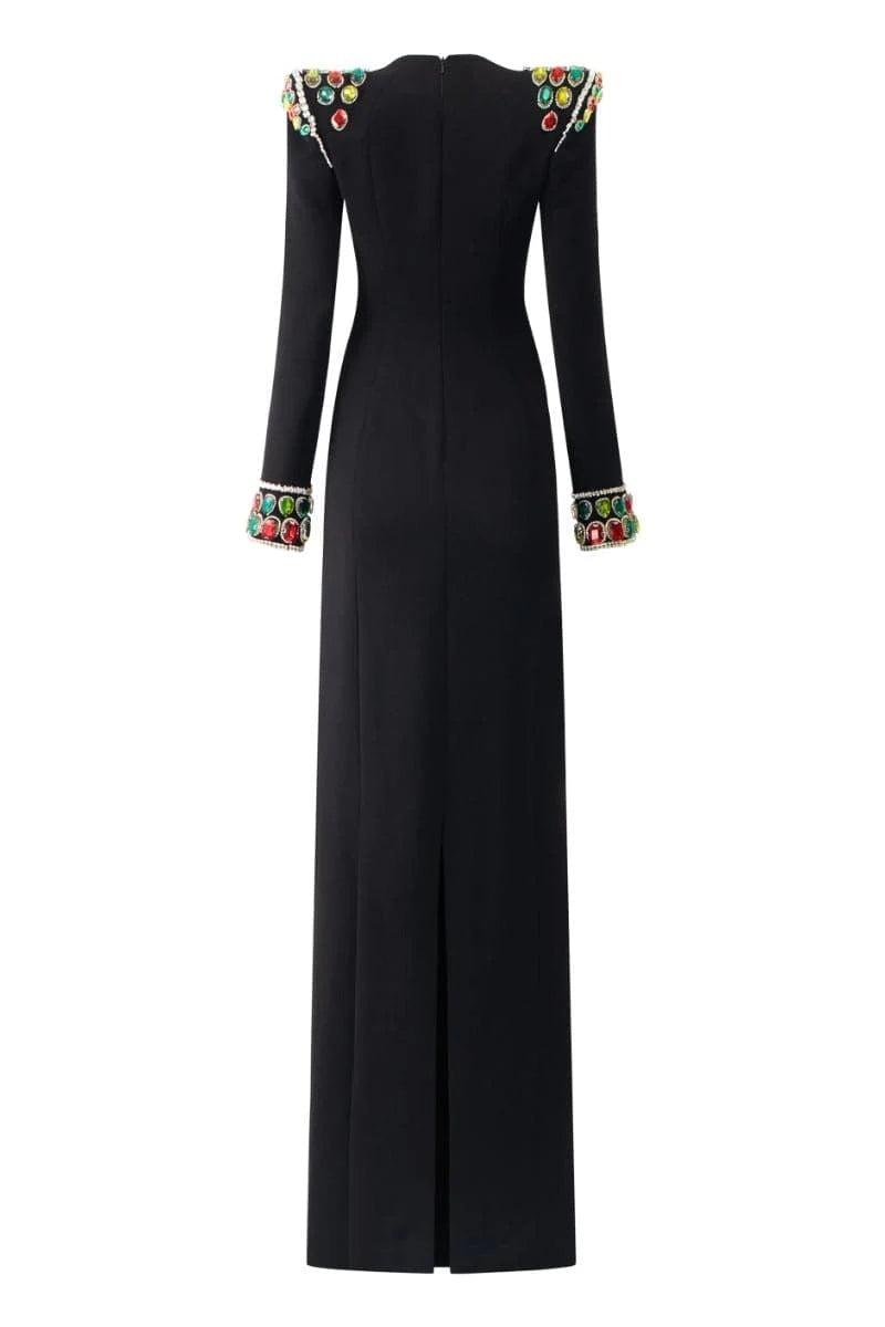 long-sleeve column gown with embellished shoulders – ARISTELLA