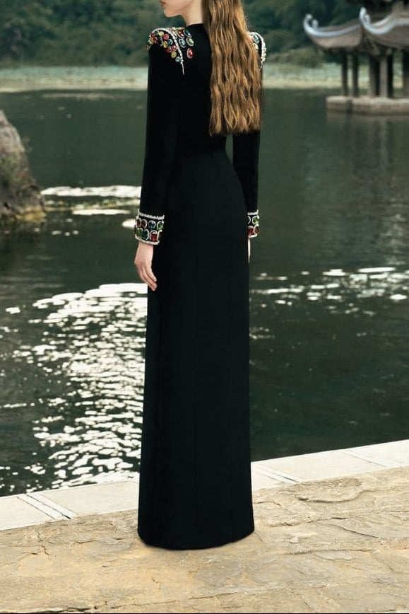 long-sleeve column gown with embellished shoulders – ARISTELLA