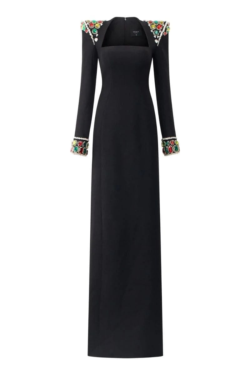 long-sleeve column gown with embellished shoulders – ARISTELLA