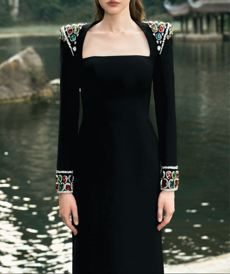 long-sleeve column gown with embellished shoulders – ARISTELLA