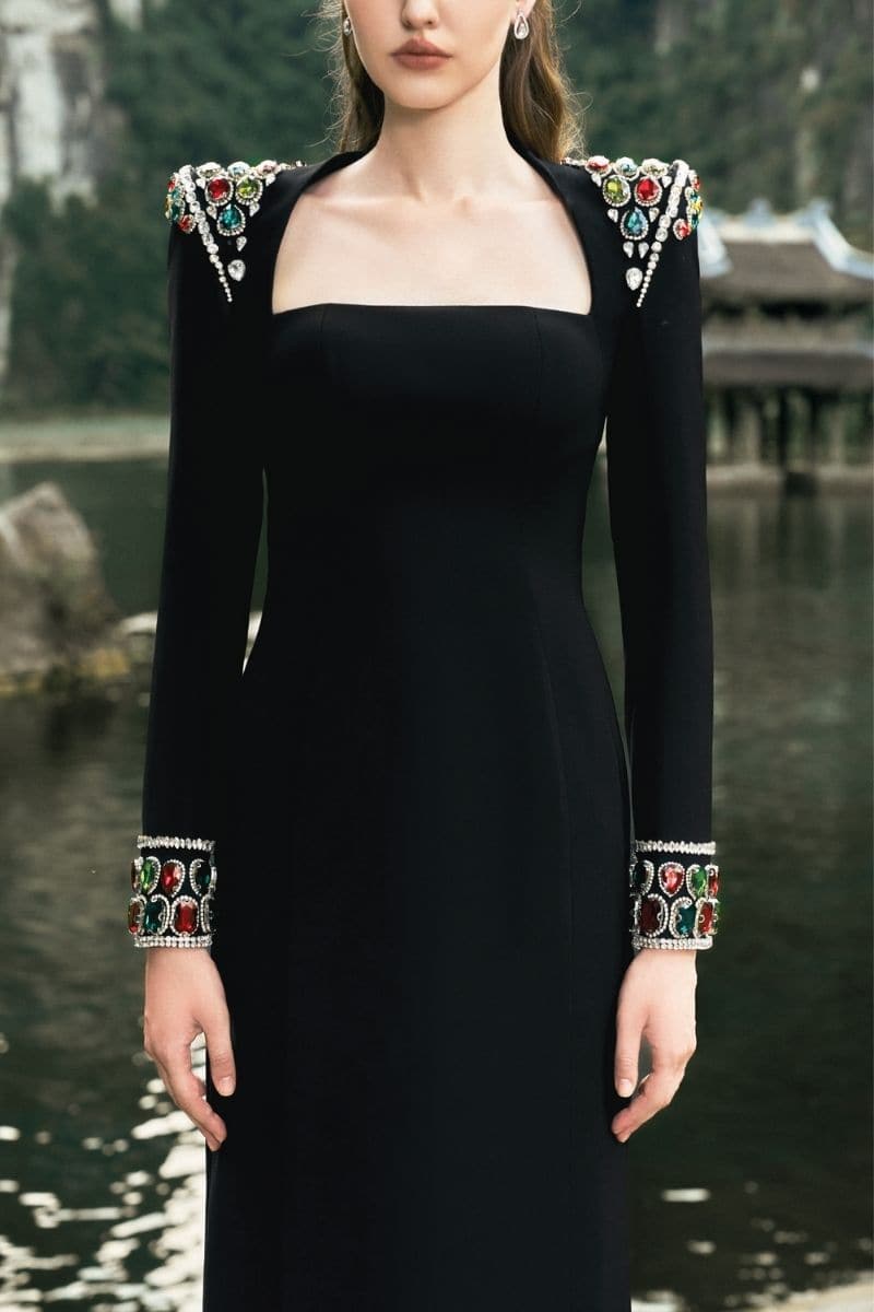 long-sleeve column gown with embellished shoulders – ARISTELLA