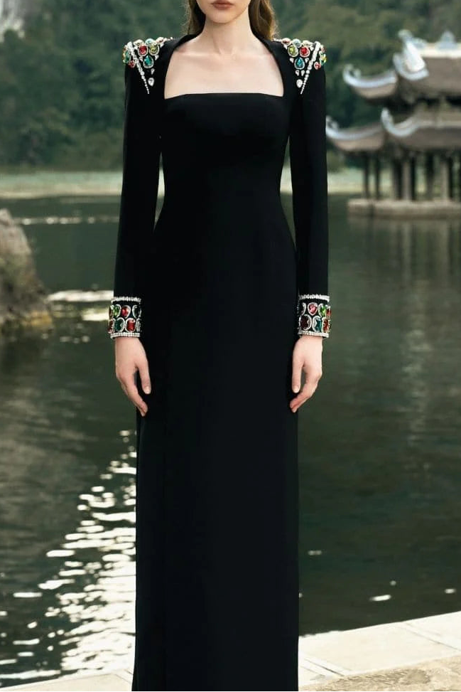 long-sleeve column gown with embellished shoulders – ARISTELLA