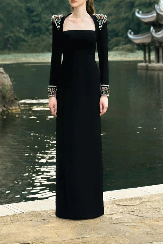 long-sleeve column gown with embellished shoulders – ARISTELLA