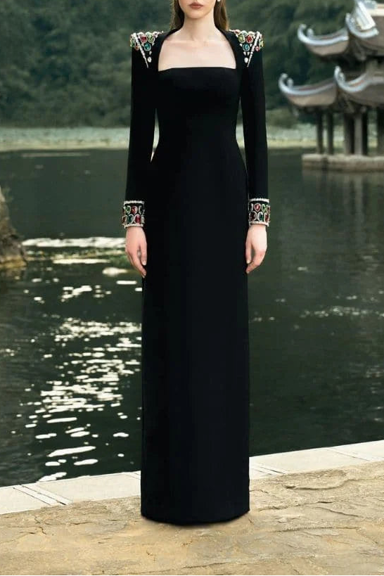 long-sleeve column gown with embellished shoulders – ARISTELLA