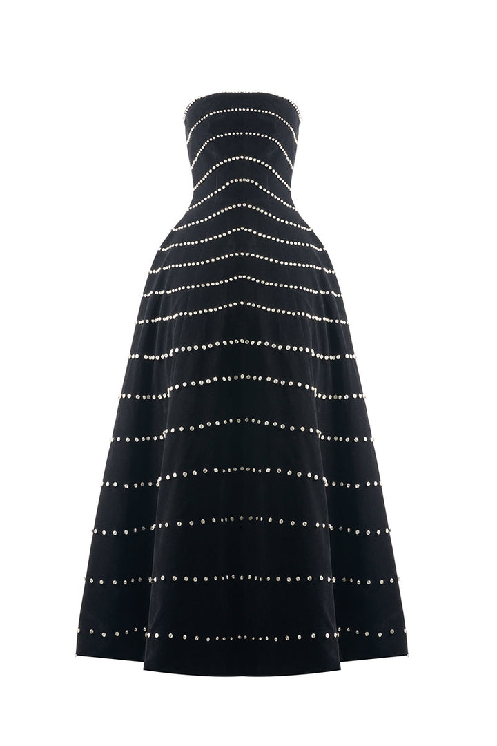 strapless velvet gown with pearl stripe embellishments – MARISEL