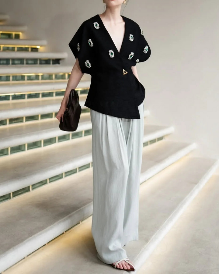 Geplooide top met uitlopende mouwen en maxi-rok set met tailleband – Rosiny 