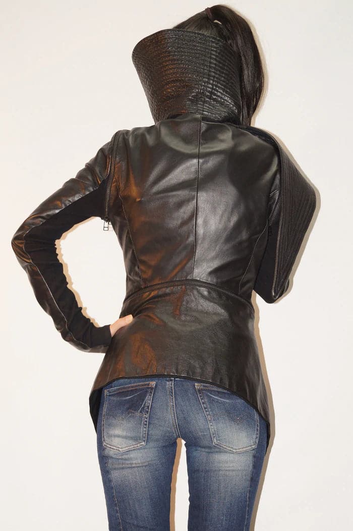Convertible black genuine leather jacket F1342