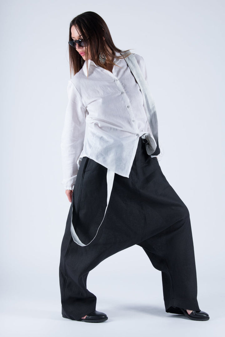 Black Linen Harem Pants with suspenders, Linen Clothing