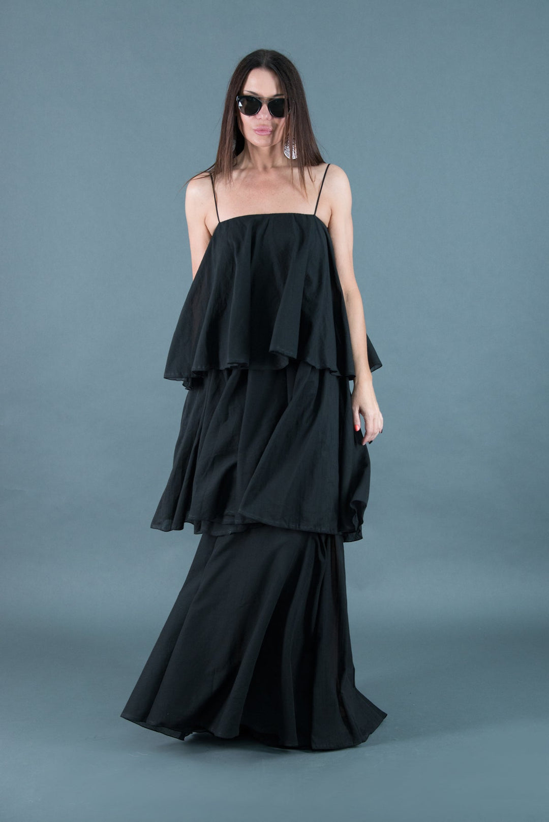 Black Cotton Flounces Maxi Dress, Dresses Spring & Summer