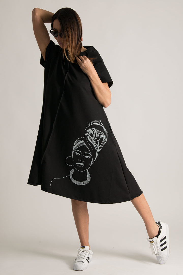 Black Cotton Midi Dress With African Woman Print