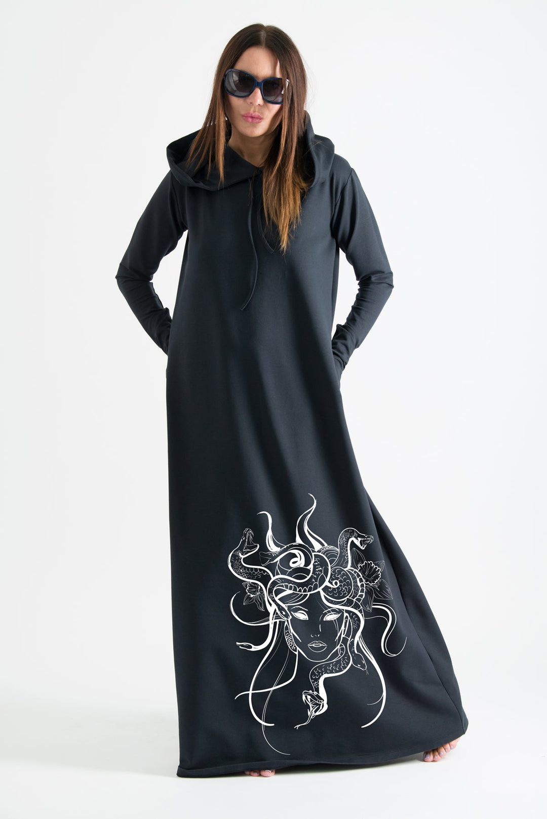 Black Hooded Octopus Printed Dress
