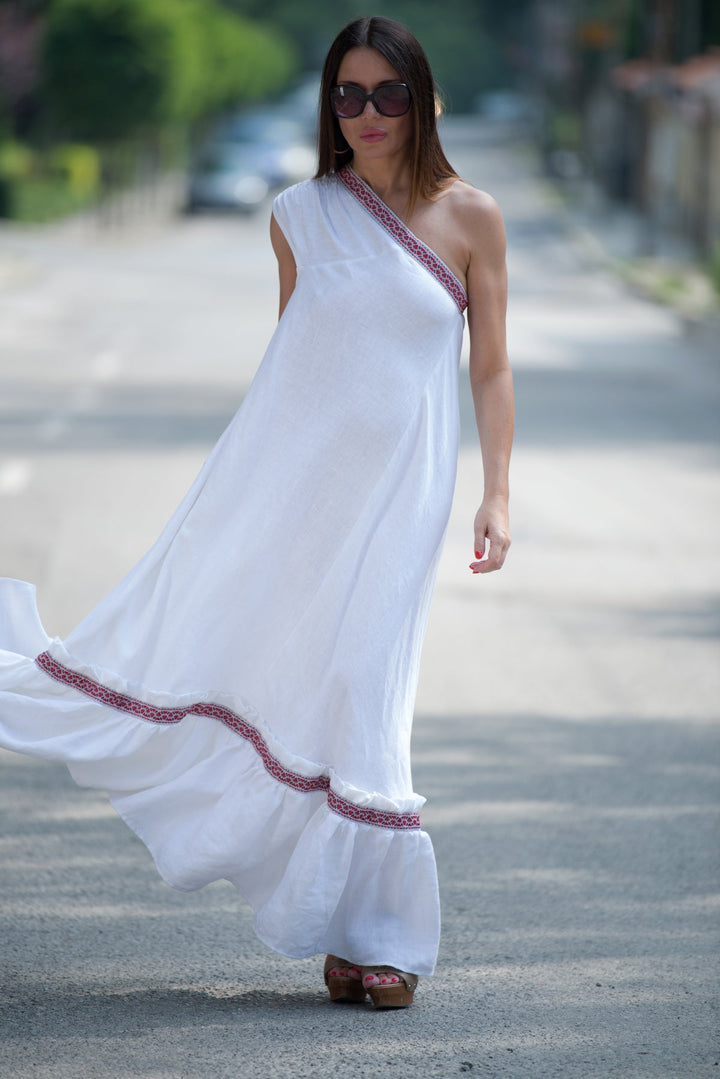 White Boho Linen One shoulder Dress, Dresses Spring & Summer